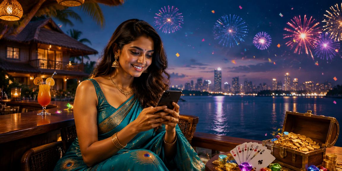 Woman playing online Rummy in Kerala wearing saree